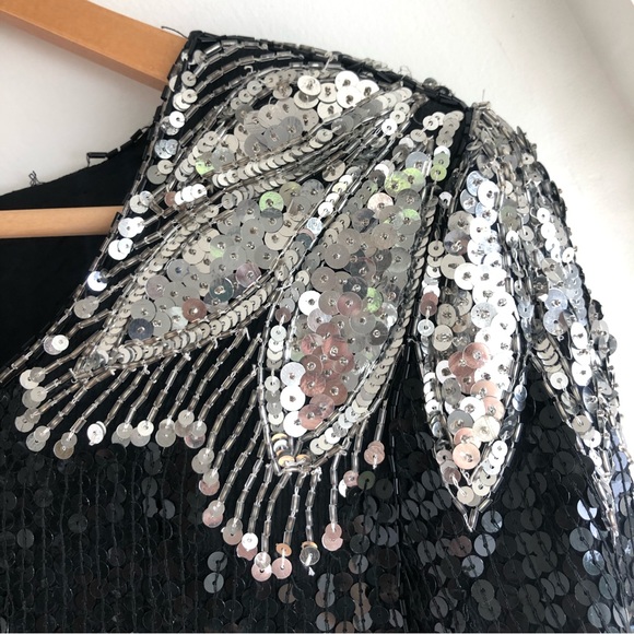 VTG ROYAL FEELINGS blouse Silk Bead sequin Black Silver DYNASTY SZ M 80s Formal - Picture 4 of 13